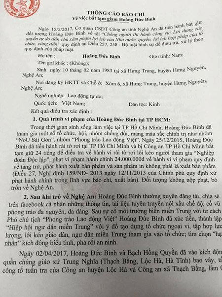 Thông tin chính thức vụ bắt tạm giam Hoàng Đức Bình