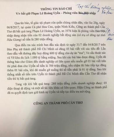 Cần Thơ: Bắt phóng viên nhận tiền của doanh nghiệp bất động sản