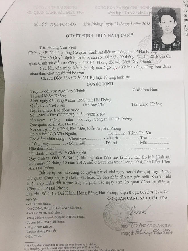 Truy nã đối tượng giết người rồi bỏ trốn