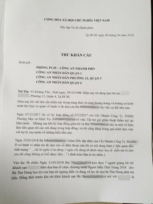 Siêu mẫu Võ Hoàng Yến gửi khẩn cầu lên công an vì bị một Á khôi đe dọa?