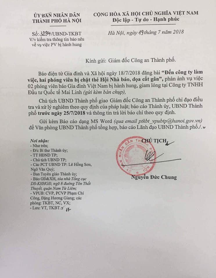 Chủ tịch UBND Tp Hà Nội yêu cầu xử lý nghiêm vụ hai phóng viên bị hành hung