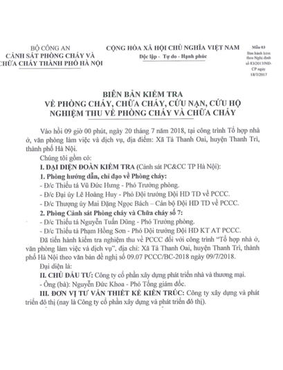 Công tác phòng cháy chữa cháy tại Chung cư Tabudec Plaza chính thức nghiệm thu