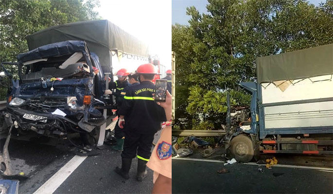 Tong duoi container dang dung tren cao toc Phap Van - Cau Gie, tai xe xe tai thiet mang trong cabin hinh anh 1