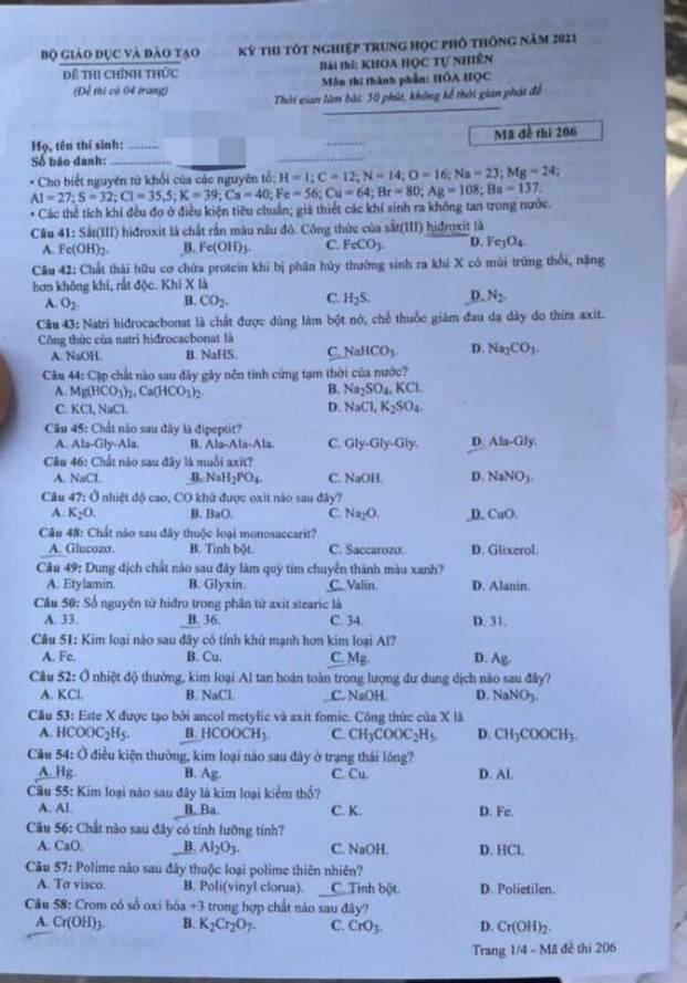 Gợi ý đáp án môn Hoá học tốt nghiệp THPT năm 2021