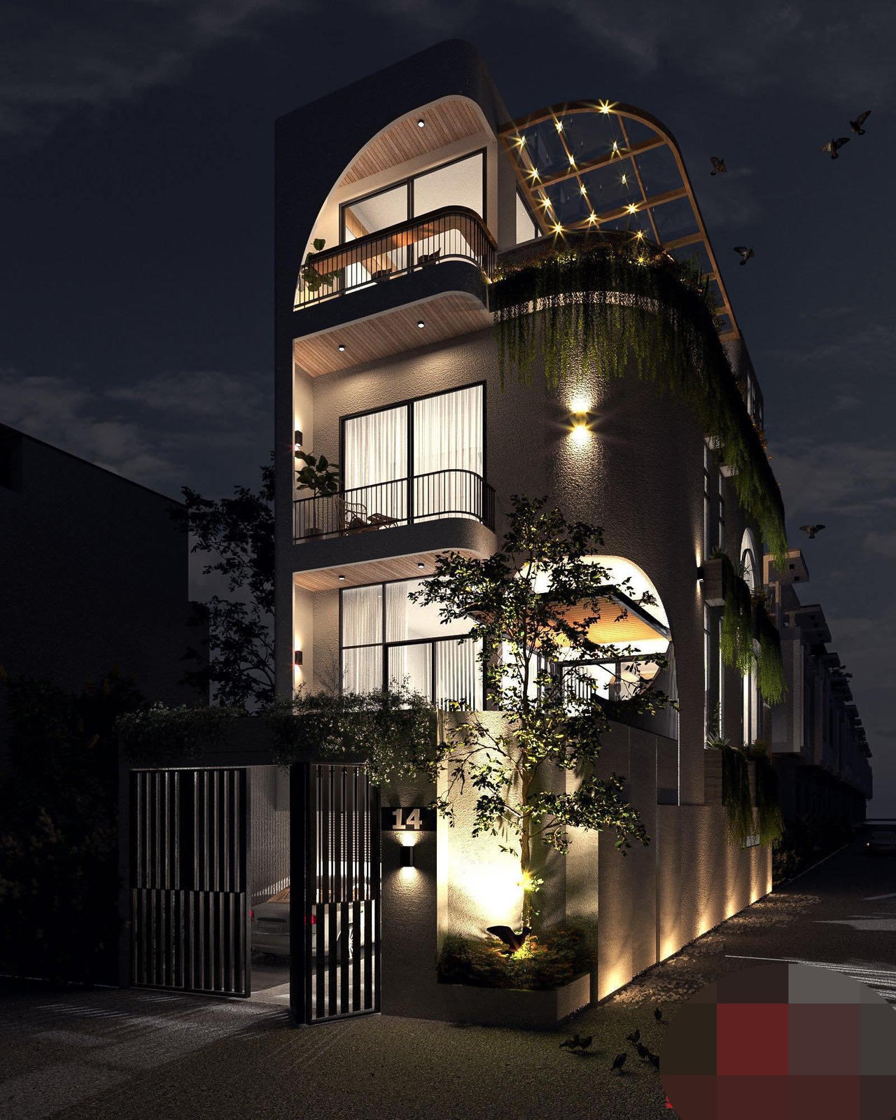 Rừng cây tươi tốt trong ngôi nhà giữa phố