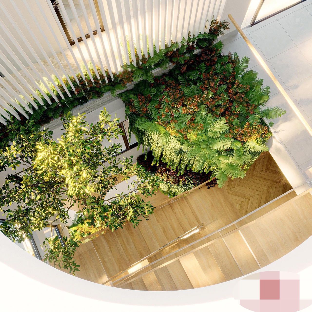 Rừng cây tươi tốt trong ngôi nhà giữa phố