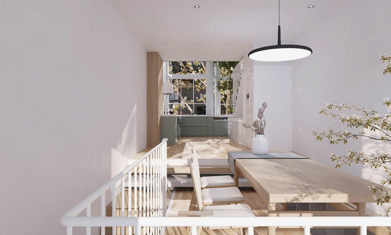 Ngôi nhà ẩn mình dưới tán cây xanh, mang âm hưởng mùa hè sôi động