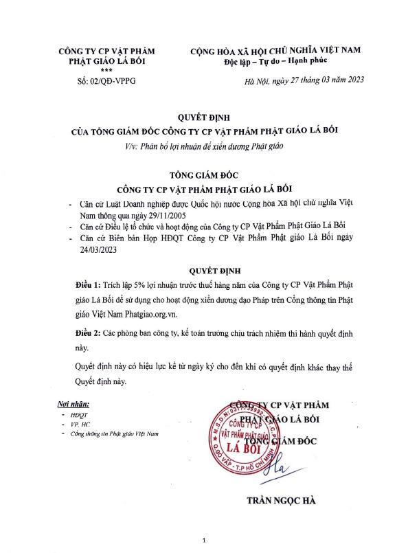 Công ty CP Vật phẩm Phật giáo Lá Bối trích 5% lợi nhuận trước thuế xiển dương Đạo Pháp