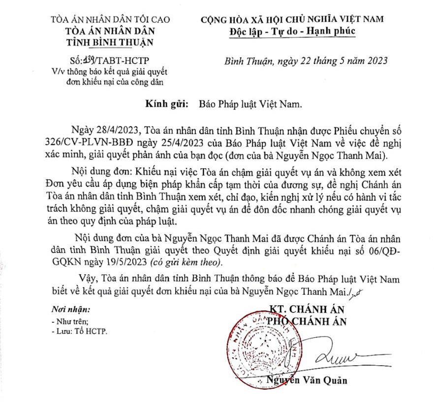 Công dân phản ánh “bị chậm giải quyết một vụ án dân sự”: Trả lời chính thức của TAND Bình Thuận