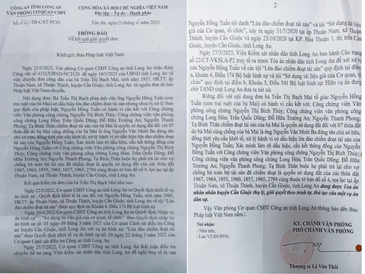 Công an tỉnh Long An: Trả lời đơn tố giác của bà Trần Thị Bạch Mai 