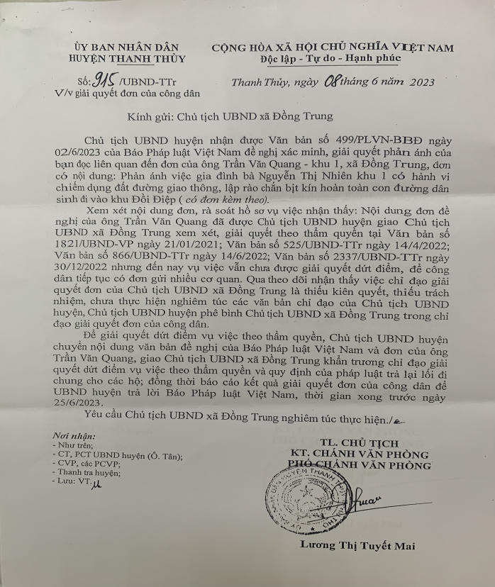 Vụ đường giao thông bị chiếm dụng tại Thanh Thủy (Phú Thọ): Huyện đánh giá về cách giải quyết của Chủ tịch xã Đồng Trung