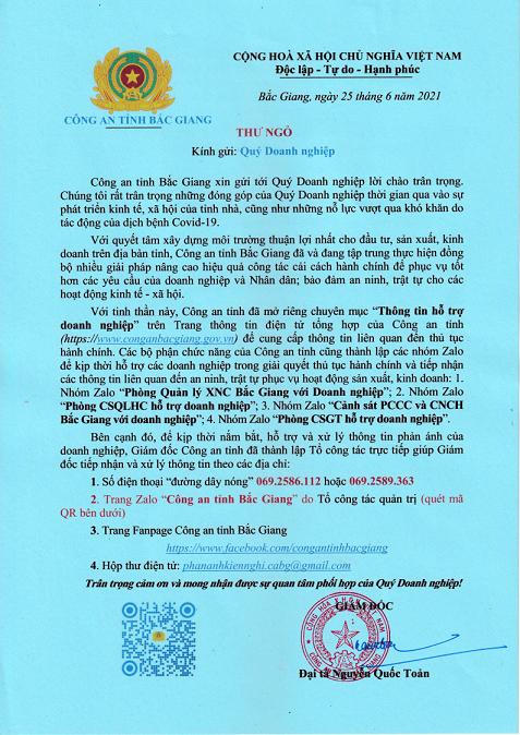 Giám đốc Công an tỉnh Bắc Giang gửi Thư ngỏ tới cộng đồng doanh nghiệp