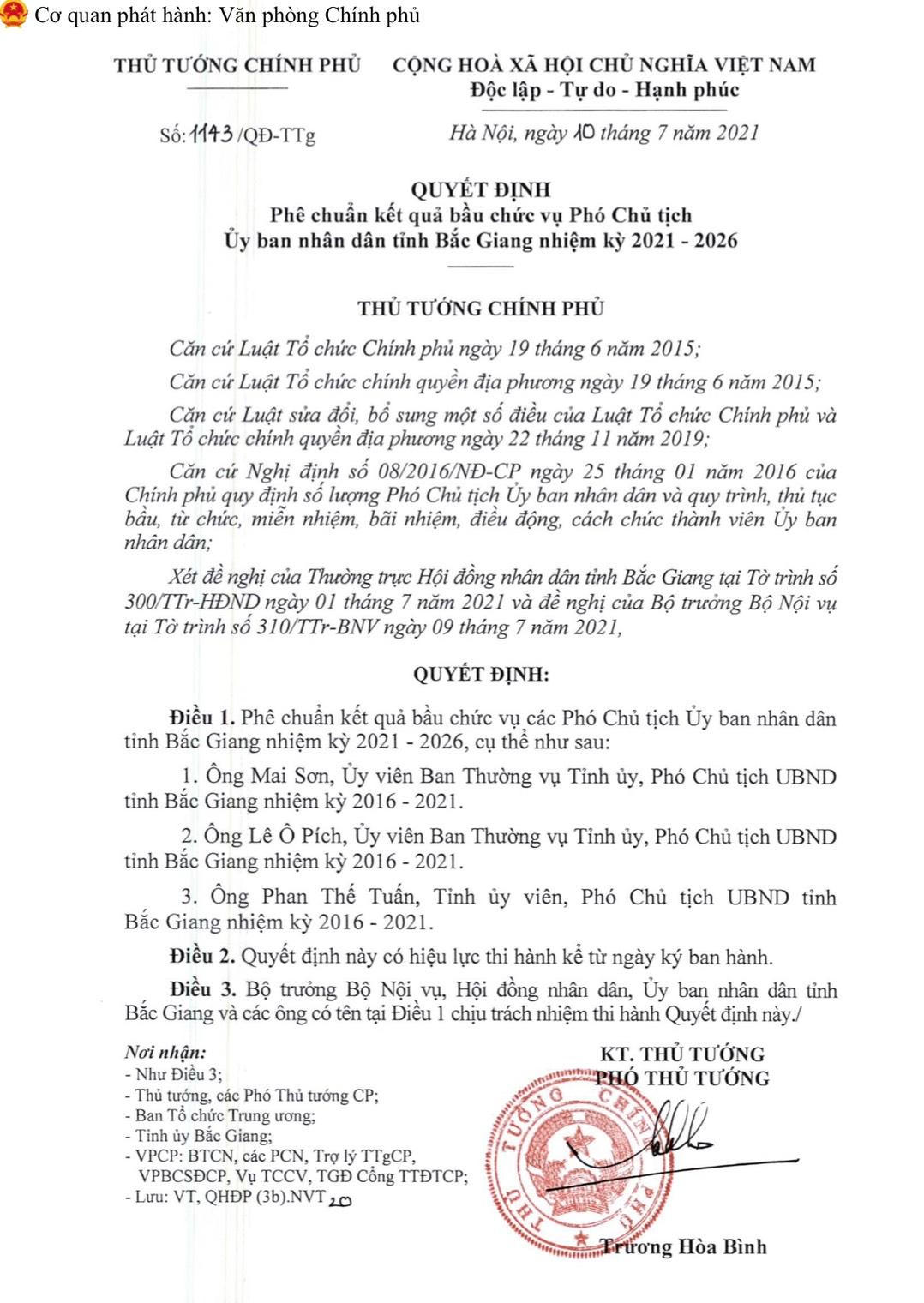 Thủ tướng Chính phủ phê chuẩn kết quả bầu chức vụ Phó Chủ tịch Ủy ban nhân dân tỉnh Bắc Giang nhiệm kỳ 2021 - 2026