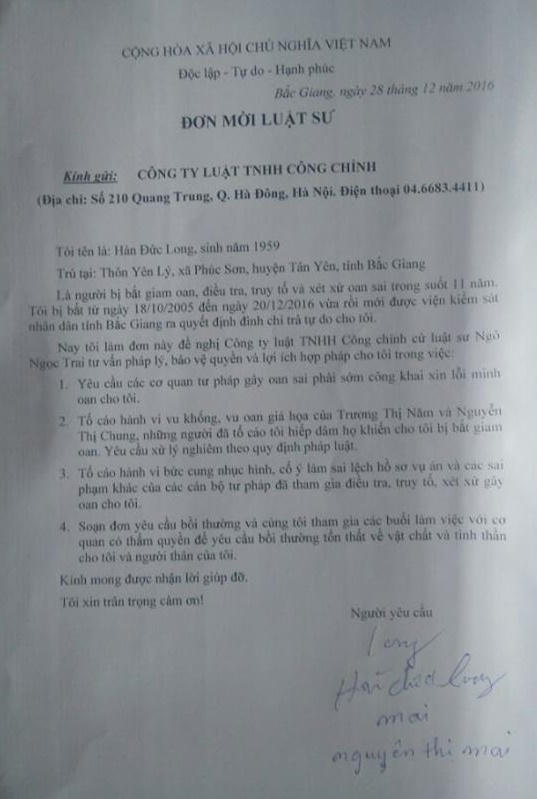 Ông Hàn Đức Long tố cáo người làm sai lệch hồ sơ, bức cung nhục hình