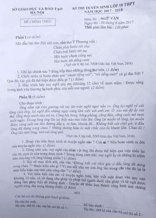 Thi vào lớp 10 tại Hà Nội: Đáp án môn Ngữ văn