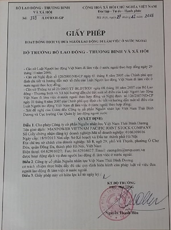 Hà Nội: Nghi vấn Công ty Thái Bình Dương dối trá người lao động đi Đài Loan?