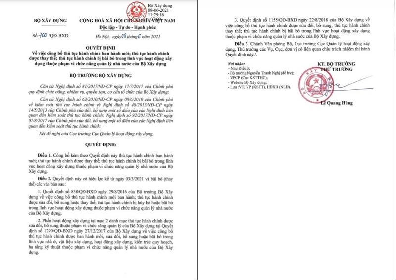 Bộ xây dựng ban hành, thay thế, bãi bỏ nhiều thủ tục hành chính trong lĩnh vực xây dựng