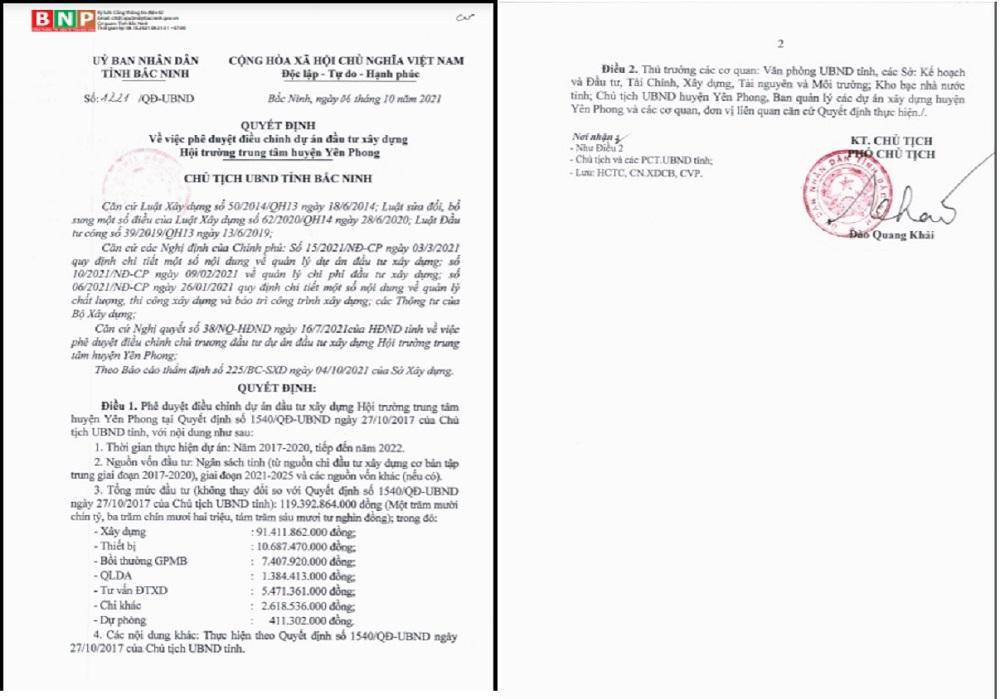 Phê duyệt điều chỉnh dự án đầu tư xây dựng Hội trường trung tâm huyện Yên Phong