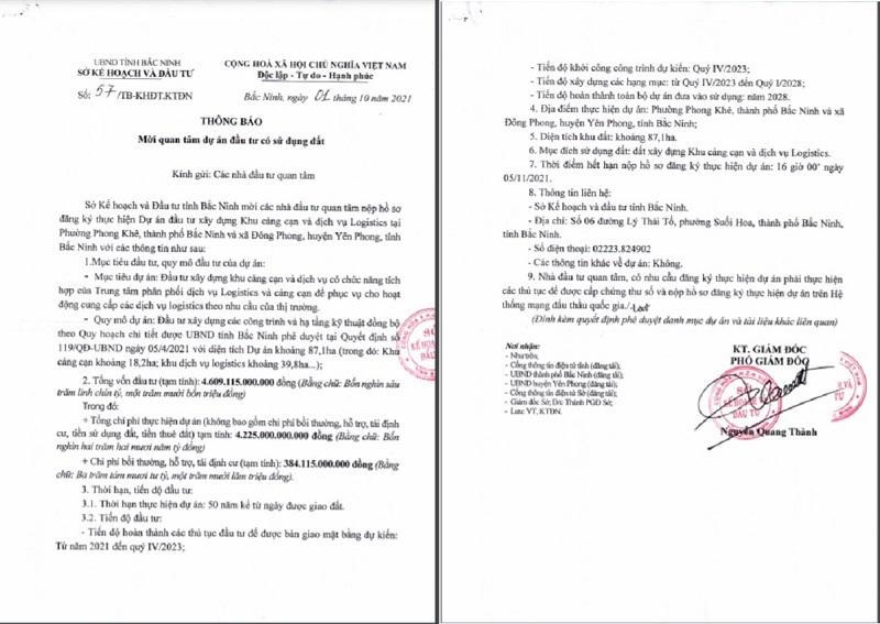 Bắc Ninh: Mời nhà đầu tư tham gia nộp hồ sơ đăng ký thực hiện dự án hơn 4.600 tỷ đồng