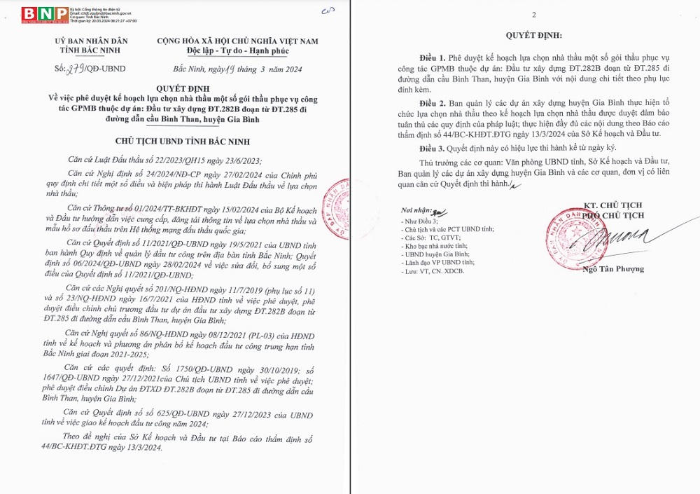 Bắc Ninh: Phê duyệt kế hoạch LCNT một số gói thầu dự án ĐTXD ĐT 282B đoạn từ ĐT 285 đi đường dẫn cầu Bình Than