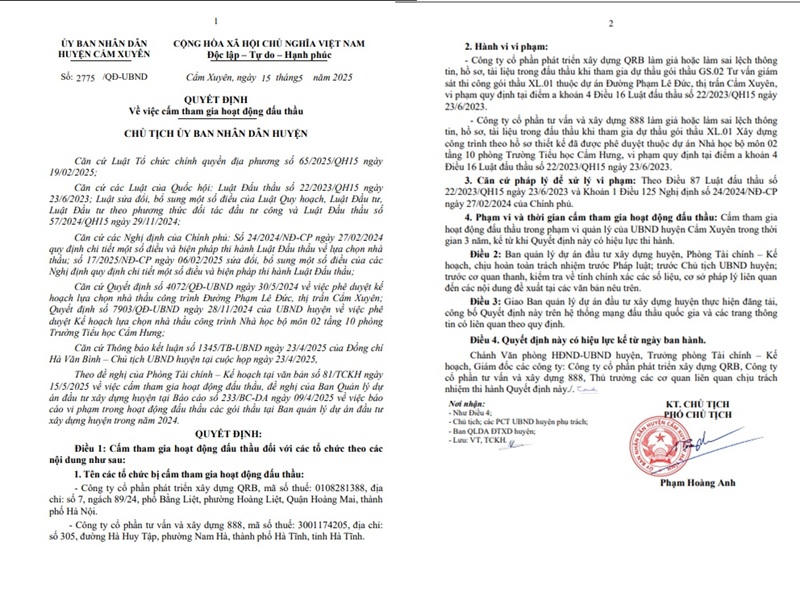 Hà Tĩnh: Cấm tham gia đấu thầu 3 năm đối với Công ty QRB và Công ty 888