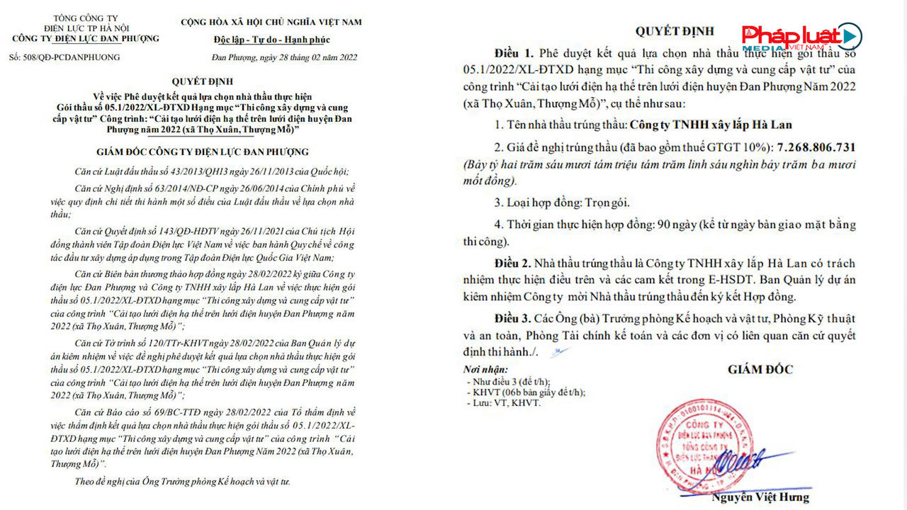 Điện lực Đan Phượng: Cần làm rõ dấu hiệu gian lận hồ sơ dự thầu của Công ty TNHH Xây lắp Hà Lan?