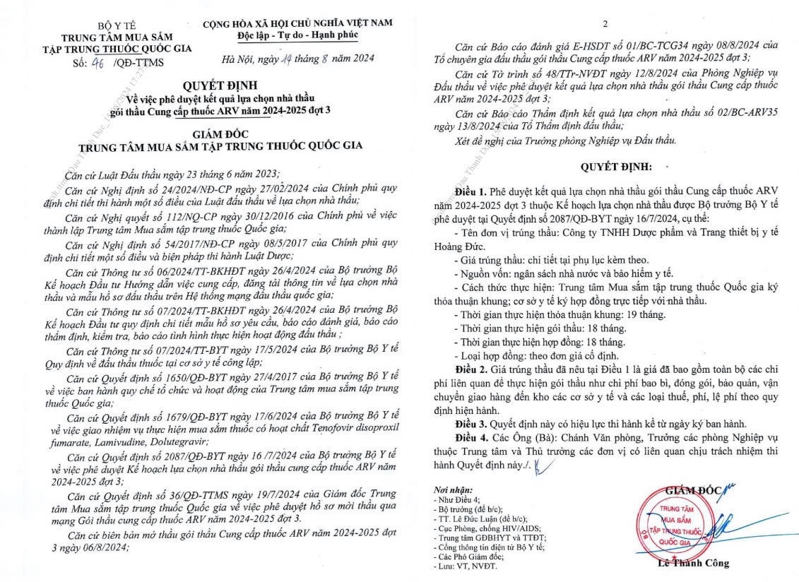 Nhà thầu Hoàng Đức trúng gói thầu mua sắm thuốc ARV gần 250 tỷ đồng 