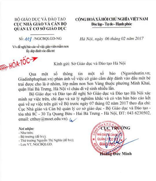 Bộ GD-ĐT ra công văn hỏa tốc chỉ đạo vụ giáo viên đánh trẻ mầm non bằng dép.