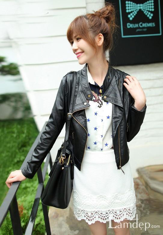 Kết quả hình ảnh cho áo khoác da váy nữ tính