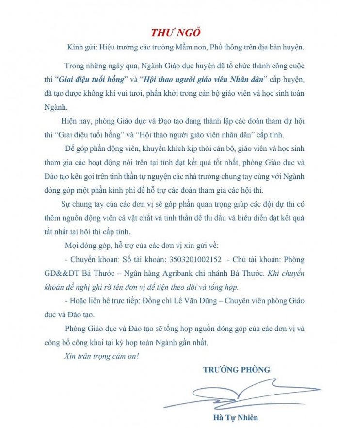 UBKT huyện ủy vào cuộc vụ phòng GD&ĐT viết thư ngỏ “xin tiền” các trường