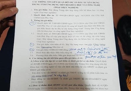 Phú Thọ: Dự án được chấm thầu nhanh “siêu tốc”, lãnh đạo không dám cung cấp tài liệu vì … “nhạy cảm”?