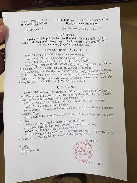 Quế Võ (Bắc Ninh): Nghi vấn đấu thầu bất minh, chấm thầu “vượt” thời gian quy định?