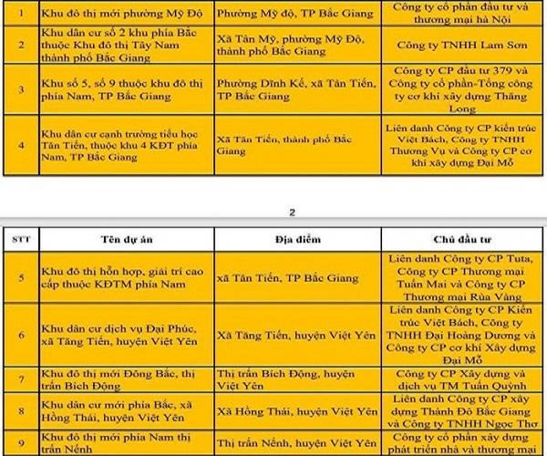 Công khai 28 dự án chưa được phép chuyển nhượng ở Bắc Giang