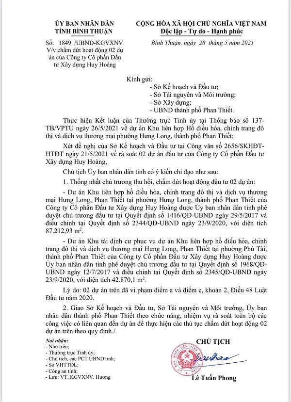 Công ty Huy Hoàng gửi đơn khiếu nại vì bị thu hồi 2 dự án tại TP. Phan Thiết