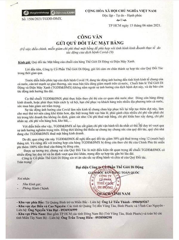 "Lùm xùm" việc Thế giới Di động ra văn bản "quỵt" tiền thuê mặt bằng với các chủ nhà vì khó khăn do COVID-19