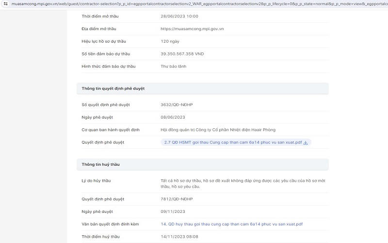 Nhiệt điện Hải Phòng hủy thầu gói thầu mua than cám có giá hơn 1.311 tỷ đồng sau gần 5 tháng đấu thầu