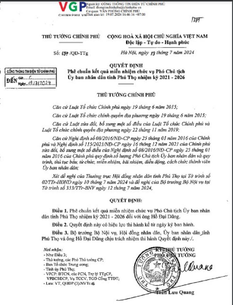 Thủ tướng miễn nhiệm chức vụ Phó Chủ tịch UBND tỉnh Phú Thọ đối với ông Hồ Đại Dũng