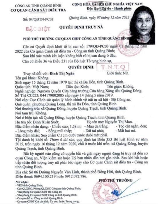 Truy nã đặc biệt 1 nguyên Quyền Cửa hàng trưởng Cửa hàng xăng dầu 