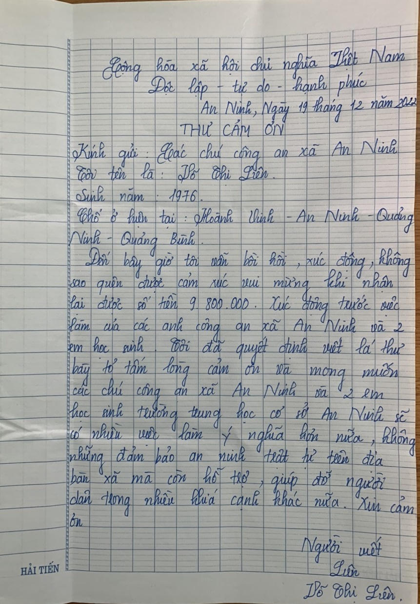 Xúc động thư của người đánh rơi gần 10 triệu đồng gửi 2 nữ sinh Quảng Bình