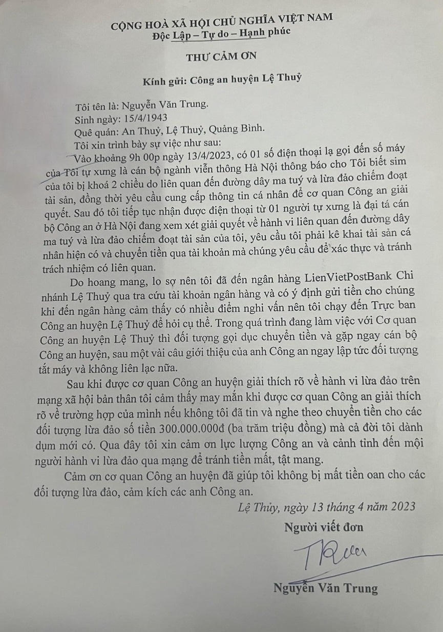 Công an huyện Lệ Thủy, kịp thời giúp cụ ông thoát khỏi bẫy lừa qua điện thoại