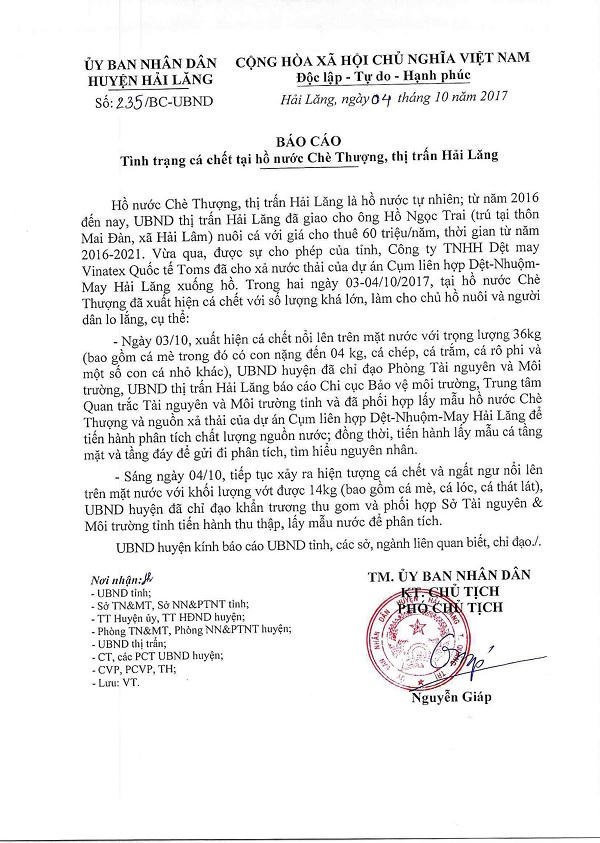 Quảng Trị: Cty TNHH Dệt may Vinatex Quốc tế Toms xả thải, cá chết bất thường