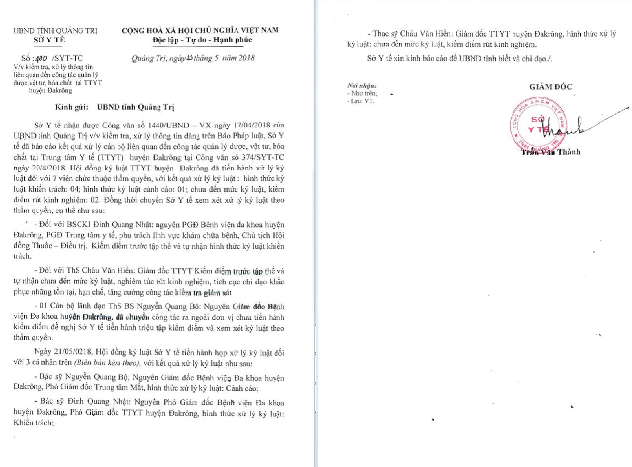 Sai phạm trong công tác quản lý  nhiều lãnh đạo TTYT huyện Đakrông bị kỷ luật 