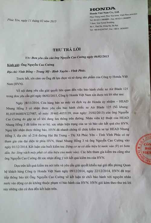 Vụ Honda từ chối bảo hành: Người tiêu dùng sẽ khởi kiện ra tòa
