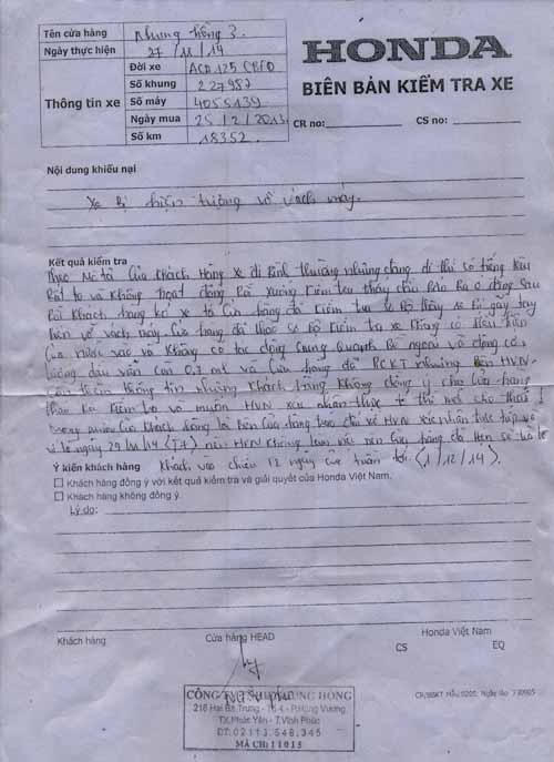 Vụ Honda từ chối bảo hành: Biên bản kiểm tra xe có sự lệch nhau?