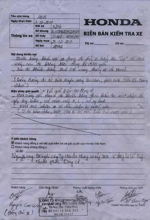 Vụ Honda từ chối bảo hành: Biên bản kiểm tra xe có sự lệch nhau?