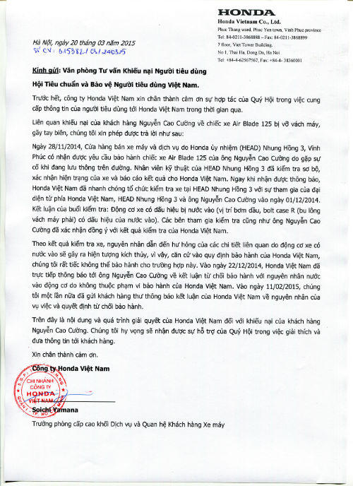 Vụ kiện Honda: Honda Việt Nam gửi “thư bổ sung” cho khách hàng