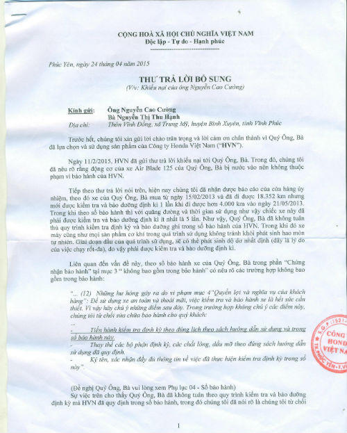 Vụ kiện Honda: Honda Việt Nam gửi “thư bổ sung” cho khách hàng