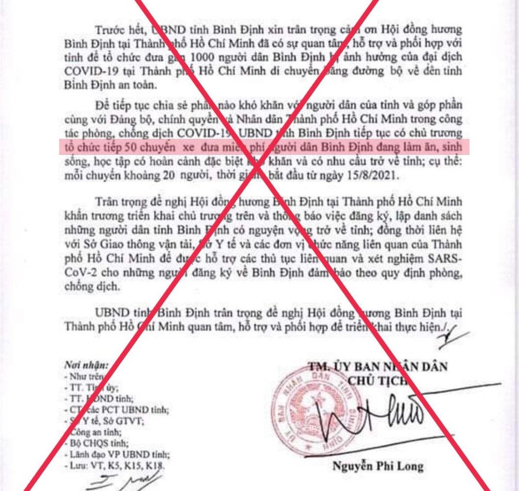 Giả mạo văn bản của UBND tỉnh Bình Định với nội dung "đón bà con về quê bằng ô tô"