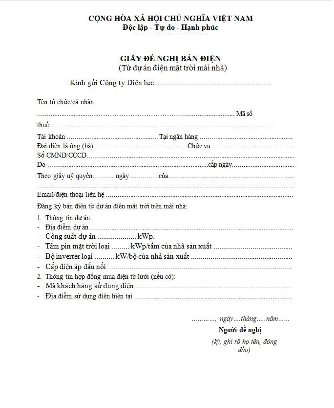 EVN HANOI cung cấp mẫu đăng ký bán Điện mặt trời áp mái