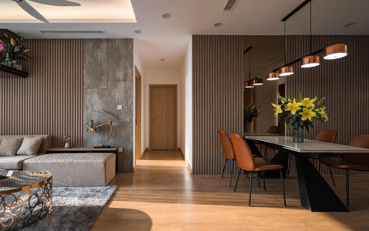 Căn hộ mang phong cách Modernism được decor với gam màu trầm, sang trọng